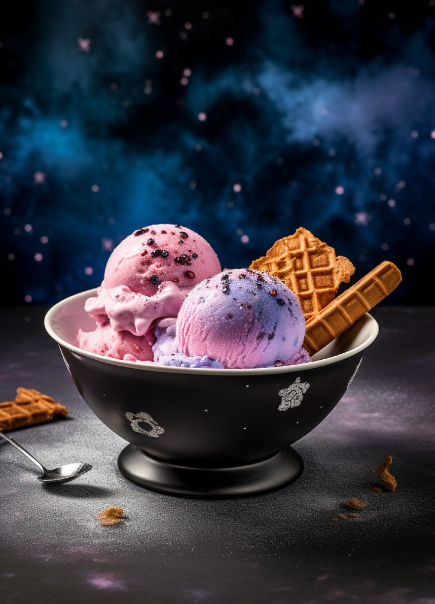 Galaxy Ice Cream in a cup with waffle cone in outer space with sprinkles